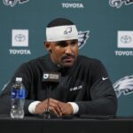 Philadelphia Eagles star Jalen Hurts speaks to reporters during OTA offseason workouts in Philadelphia