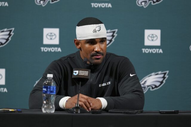 Philadelphia Eagles star Jalen Hurts speaks to reporters during OTA offseason workouts in Philadelphia