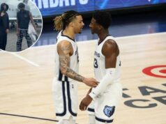 Jaren Jackson Jr. ‘arrasado’ com a morte de Brandon Clarke: ‘Nunca terei palavras’ Dois jogadores do Memphis Grizzlies, Desmond Bane e Jaren Jackson Jr., conversando na quadra durante o sexto jogo da série Minnesota Timberwolves.