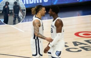 Jaren Jackson Jr. ‘arrasado’ com a morte de Brandon Clarke: ‘Nunca terei palavras’ Dois jogadores do Memphis Grizzlies, Desmond Bane e Jaren Jackson Jr., conversando na quadra durante o sexto jogo da série Minnesota Timberwolves.