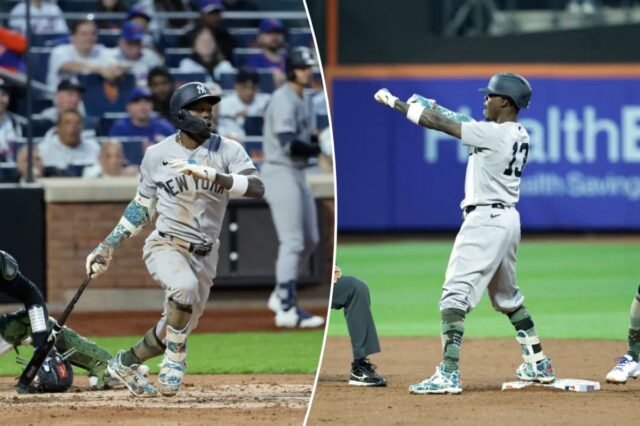 O segunda base do New York Yankees, Jazz Chisholm Jr. (13), acerta um RBI duplo de duas corridas durante a terceira entrada durante o Subway Series no Citi Field no Queens, Nova York, EUA, sexta-feira, 15 de maio de 2026.