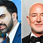 Left, New York City Mayor Zohran Mamdani speaks at a press conference in New York on May 19, 2026; Right, Jeff Bezos is seen at the Vanity Fair Oscar Party 2026 in Los Angeles on March 15, 2026.