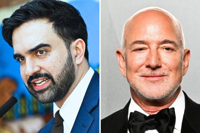 Left, New York City Mayor Zohran Mamdani speaks at a press conference in New York on May 19, 2026; Right, Jeff Bezos is seen at the Vanity Fair Oscar Party 2026 in Los Angeles on March 15, 2026.