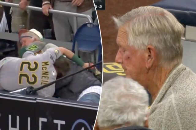 Jeff McNeil acidentalmente ensanguenta torcedor idoso com uma chuteira enquanto Jeff McNeil acidentalmente acerta um fã no rosto