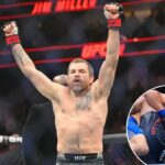 Jim Miller reage durante a luta contra Jared Gordon durante o UFC 328 no Prudential Center.