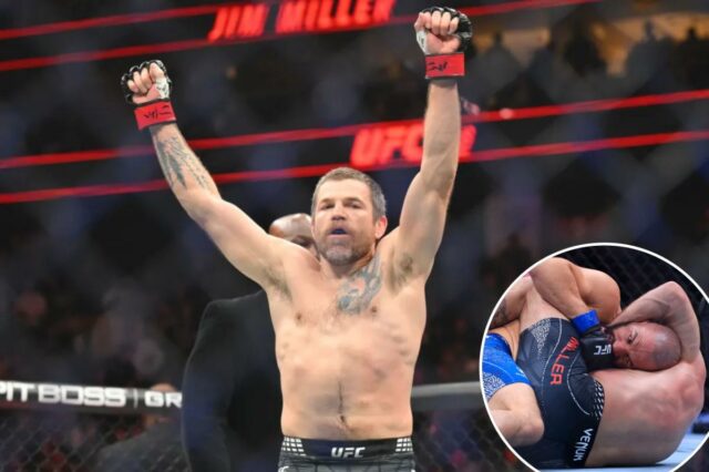 Jim Miller reage durante a luta contra Jared Gordon durante o UFC 328 no Prudential Center.