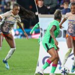 O atacante do Gotham FC, Jordynn Dudley, joga a bola contra a atacante do Boston Legacy FC, Bianca St-Georges, durante o segundo tempo.