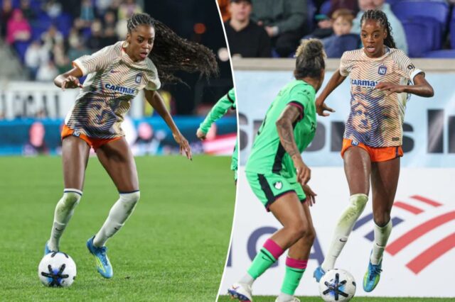 O atacante do Gotham FC, Jordynn Dudley, joga a bola contra a atacante do Boston Legacy FC, Bianca St-Georges, durante o segundo tempo.