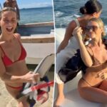 Julianne Hough usa biquínis com estampa de leopardo e pele de cobra durante uma escapadela tropical em Fiji