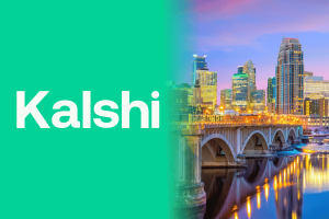 Kalshi processa Minnesota por proibição de crime nos mercados de A previsão de Kalshi comercializa a marca da plataforma ao lado do horizonte e da ponte de Minneapolis, Minnesota, ilustrando o desafio legal da empresa à proibição do mercado de previsão em Minnesota.