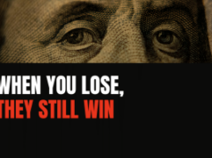 Kalshi responde à FairPredicts com cessar e desistir da campanha ‘Kalshi Lies’ Imagem em close de Benjamin Franklin na moeda dos EUA acima do texto em negrito “Quando você perde, eles ainda ganham”, usado para criticar os mercados de previsão de Kalshi e as práticas comerciais de estilo de jogo. Kalshi responde à FairPredicts com cessar e desistir da campanha ‘Kalshi Lies’