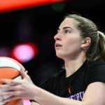SAN FRANCISCO, CALIFORNIA - AUGUST 11: Kate Martin #20 of the Golden State Valkyries warms up before the game against the Connecticut Sun at Chase Center on August 11, 2025 in San Francisco, California. (Photo by Thien-An Truong/Getty Images)