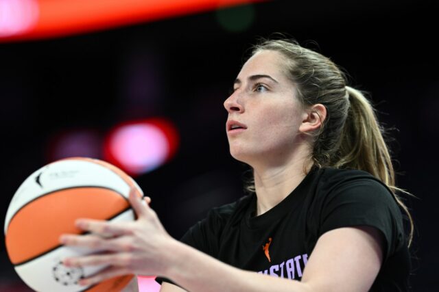 SAN FRANCISCO, CALIFORNIA - AUGUST 11: Kate Martin #20 of the Golden State Valkyries warms up before the game against the Connecticut Sun at Chase Center on August 11, 2025 in San Francisco, California. (Photo by Thien-An Truong/Getty Images)