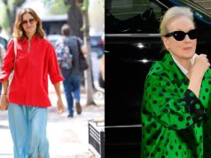 Katie Holmes e Meryl Streep assinam esta tendência de blusa maximalista de primavera listras