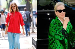 Katie Holmes e Meryl Streep assinam esta tendência de blusa maximalista de primavera listras