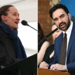 A prefeita de Seattle, Katie Wilson, discursando em um comício contra a fiscalização da imigração.