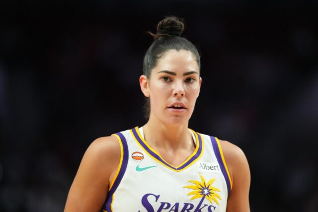 PORTLAND, OREGON - MAY 03: Kelsey Plum #10 of the Los Angeles Sparks looks on during the first half of a preseason game against the Portland Fire at Moda Center on May 03, 2026 in Portland, Oregon. (Photo by Soobum Im/Getty Images)