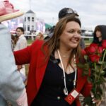 LOUISVILLE, KENTUCKY - MAY 02: Cherie DeVaux trainer of Golden Tempo #19 celebrates after becoming the first female trainer to win the Kentucky Derby during the 152nd running of the Kentucky Derby at Churchill Downs on May 02, 2026 in Louisville, Kentucky. (Photo by Michael Reaves/Getty Images)