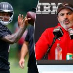 Tua Tagovailoa nº 1 do Atlanta Falcons realiza exercícios durante OTAs no IBM Performance Field em 27 de maio de 2026 em Flowery Branch, Geórgia.