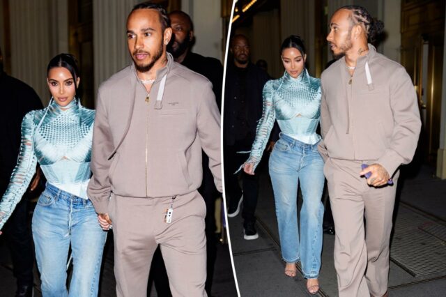Kim Kardashian combina seu espartilho de alta costura com jeans para o encontro de 'Fear of 13' com Lewis Hamilton
