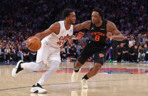 Knicks defende OG Anunoby depois que ele foi ‘roubado’ do All-Defensive First Team: ‘Foi errado’ O armador do Cleveland Cavaliers, Donovan Mitchell, dribla contra o atacante do New York Knicks, Og Anunoby.
