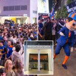Uma grande multidão de torcedores dos Knicks se reuniu e comemorou a vitória em uma rua repleta de lojas e entradas de metrô.