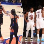 Donovan Mitchell, Max Strus, Evan Mobley e James Harden do Cleveland Cavaliers conversam durante um jogo.