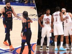 Knicks reconhecem tarefa difícil no Jogo 3, dado o sucesso comprovado de retorno dos Cavaliers Donovan Mitchell, Max Strus, Evan Mobley e James Harden do Cleveland Cavaliers conversam durante um jogo.