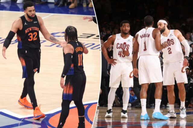 Knicks reconhecem tarefa difícil no Jogo 3, dado o sucesso Donovan Mitchell, Max Strus, Evan Mobley e James Harden do Cleveland Cavaliers conversam durante um jogo.