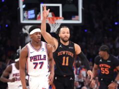 Knicks ultrapassam os 76ers sem Joel Embiid na tensa vitória no jogo 2 Jalen Brunson comemora acertar uma cesta de 3 pontos durante o jogo 2 contra o 76ers em 6 de maio de 2026.