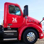Cab of red Peterbilt semi truck