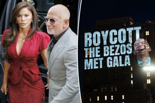 Lauren Sánchez e Jeff Bezos ignoram os protestos do Met Gala enquanto comparecem à pré-festa de Anna Wintour
