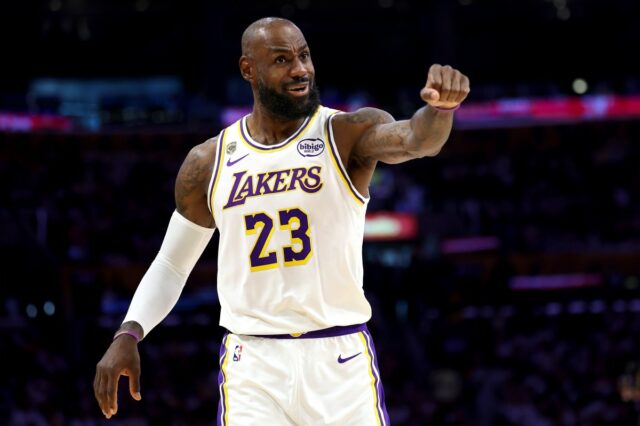 LOS ANGELES, CALIFORNIA - MAY 09: LeBron James #23 of the Los Angeles Lakers calls for a foul against the Oklahoma City Thunder during the second quarter in Game Three of the Second Round of the NBA Western Conference Playoffs at Crypto.com Arena on May 09, 2026 in Los Angeles, California. (Photo by Harry How/Getty Images)