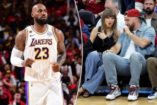 LeBron James saúda Taylor Swift e Travis Kelce enquanto casal LeBron James saúda Taylor Swift e Travis Kelce enquanto casal apoia Cavaliers na derrota no jogo 3 para Knicks