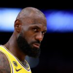 LeBron James #23 of the Los Angeles Lakers looks on.