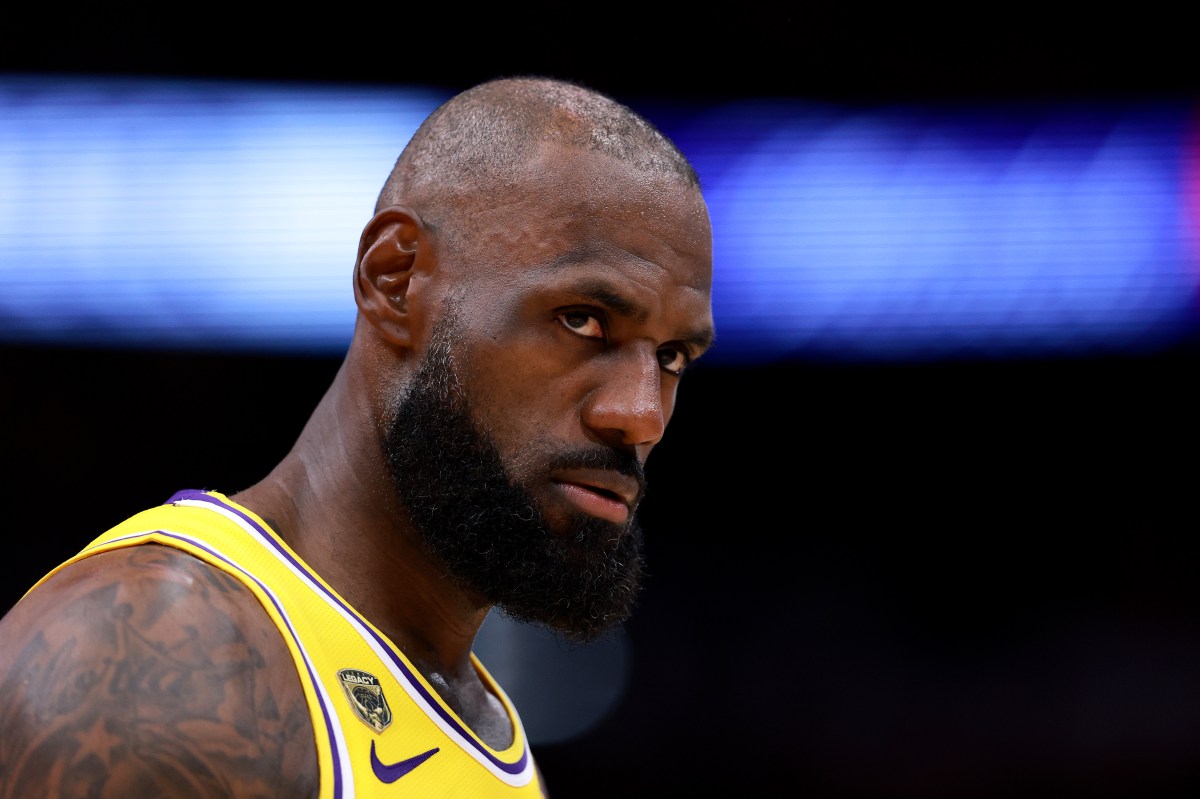 LeBron James #23 of the Los Angeles Lakers looks on.