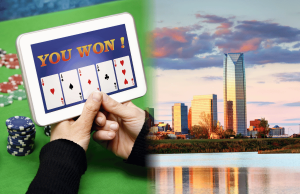 Legisladores de Oklahoma anulam veto expandindo proibição criminal contra jogos de azar online Sorteios de cassino online, jogos de azar em tablet ao lado do horizonte de Oklahoma City, depois que as leis de Oklahoma expandiram as restrições de jogos de azar e proibiram as operações de cassino online.