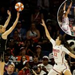 Breanna Stewart (30), do New York Liberty, salta para arremessar uma bola de basquete contra o Washington Mystics.