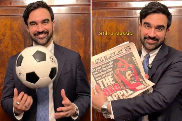 Zohran Mamdani segurando um jornal do New York Post que aparece na capa.