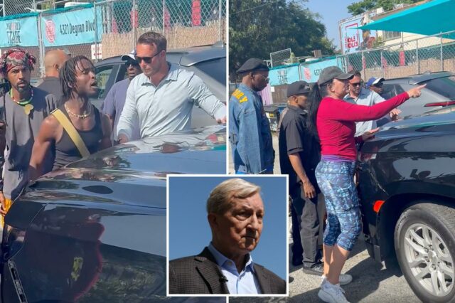 Manifestante aponta faca para funcionário de Tom Steyer em evento de campanha em Los Angeles – enquanto um vídeo selvagem mostra ativistas furiosos confrontando o bilionário
