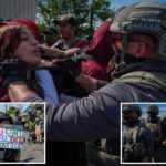 Os manifestantes entram em confronto com agentes do ICE fora de Delaney Hall.