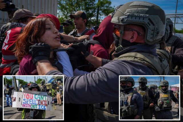 Manifestantes anti-ICE entram em confronto com policiais do lado de Os manifestantes entram em confronto com agentes do ICE fora de Delaney Hall.