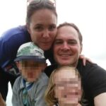Ruth Pingree, 42, estava hospedada no glampsite de Suffolk com sua família em julho de 2022, quando o veículo Airsteam antigo foi engolido pelas chamas. A família está retratada aqui