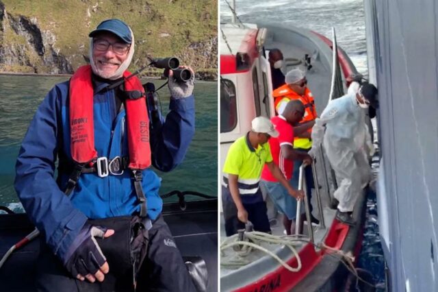 Dr. Stephen Kornfeld, vestindo um colete salva-vidas e um boné, com bandagens em volta do rosto, segura binóculos enquanto está em um barco.