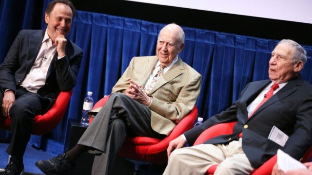 BEVERLY HILLS, CA - JULY 16:  (L-R) Actors Billy Crystal, Carl Reiner, and Mel Brooks speak onstage during a 'Salute To Sid Caesar' at The Paley Center for Media on July 16, 2014 in Beverly Hills, California.  (Photo by Imeh Akpanudosen/Getty Images)