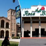 A entrada principal do Rose Bowl, um prédio branco com