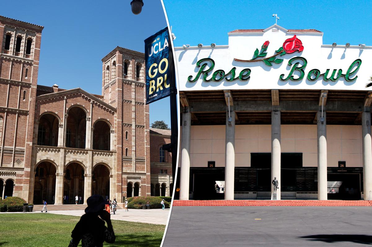 A entrada principal do Rose Bowl, um prédio branco com