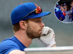 Mets DFA Austin Slater enquanto o carrossel de outfielders continua O jogador do New York Mets, Austin Slater, observa durante o treino de rebatidas.