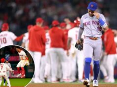 Mets desperdiça inúmeras chances na derrota de 10 entradas para os Angels Bo Bichette, desanimada, sai do campo enquanto os Angels comemoram ao fundo após a vitória por 4-3 e 10 entradas sobre o Mets em 2 de maio de 2026 em Anahiem, Califórnia.