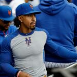O jogador do New York Mets, Francisco Lindor, no banco de reservas.